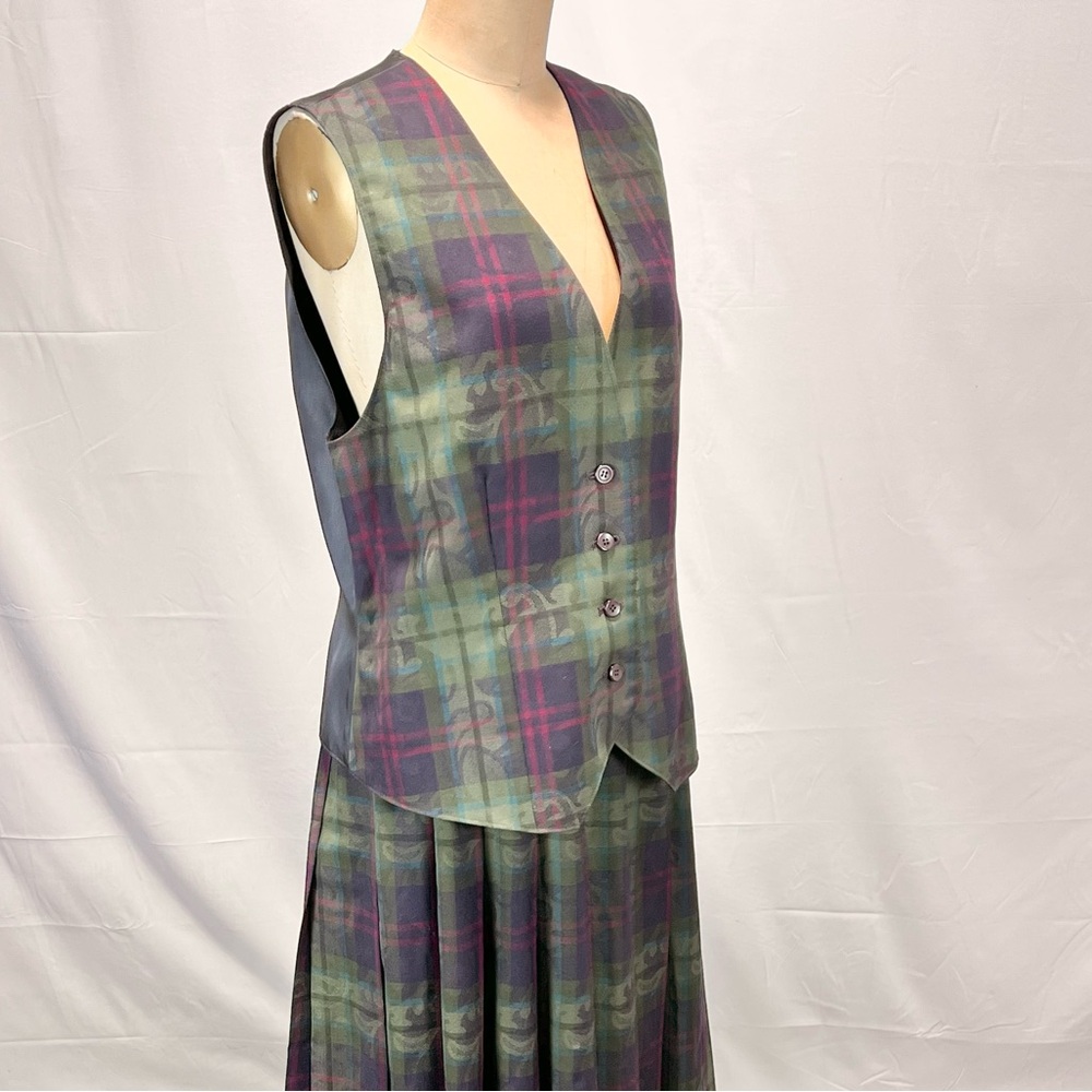 VINTAGE 90s Pendleton tartan plaid 2 piece dress set maxi pleated skirt vest - Picture 8 of 14